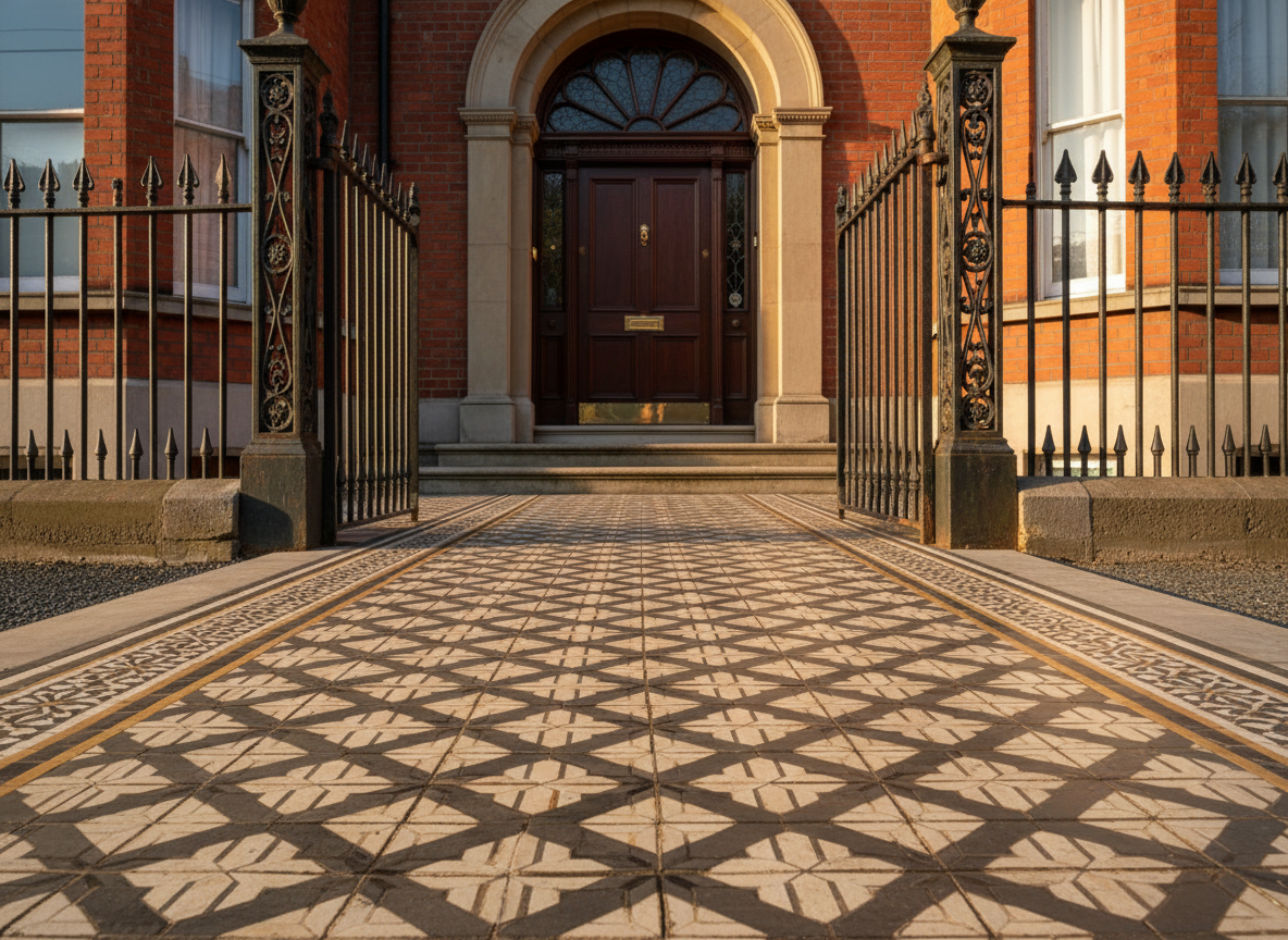 Beautifully restored Victorian tiled front path at a period Dublin terrace home, featuring an intricate geometric mosaic tile pattern in cream, charcoal and antique gold