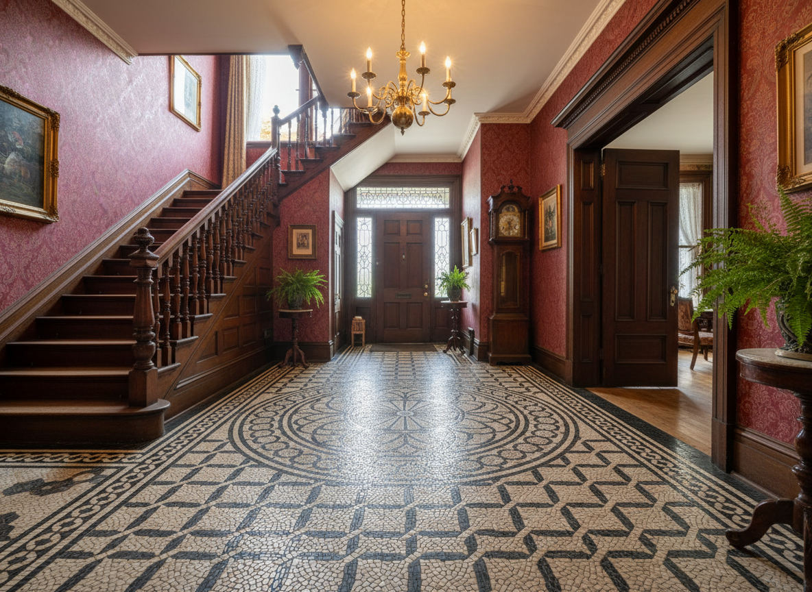 Authentic indoor Victorian mosaic hallway floor with intricate geometric tile pattern in cream, charcoal and antique gold, period home interior entrance hall