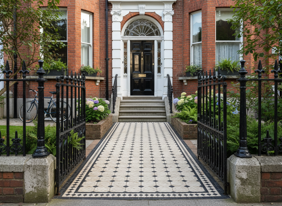 Restored Victorian tiled front garden path at a Dublin period home exterior, outdoor pathway with geometric mosaic tiles in cream and charcoal