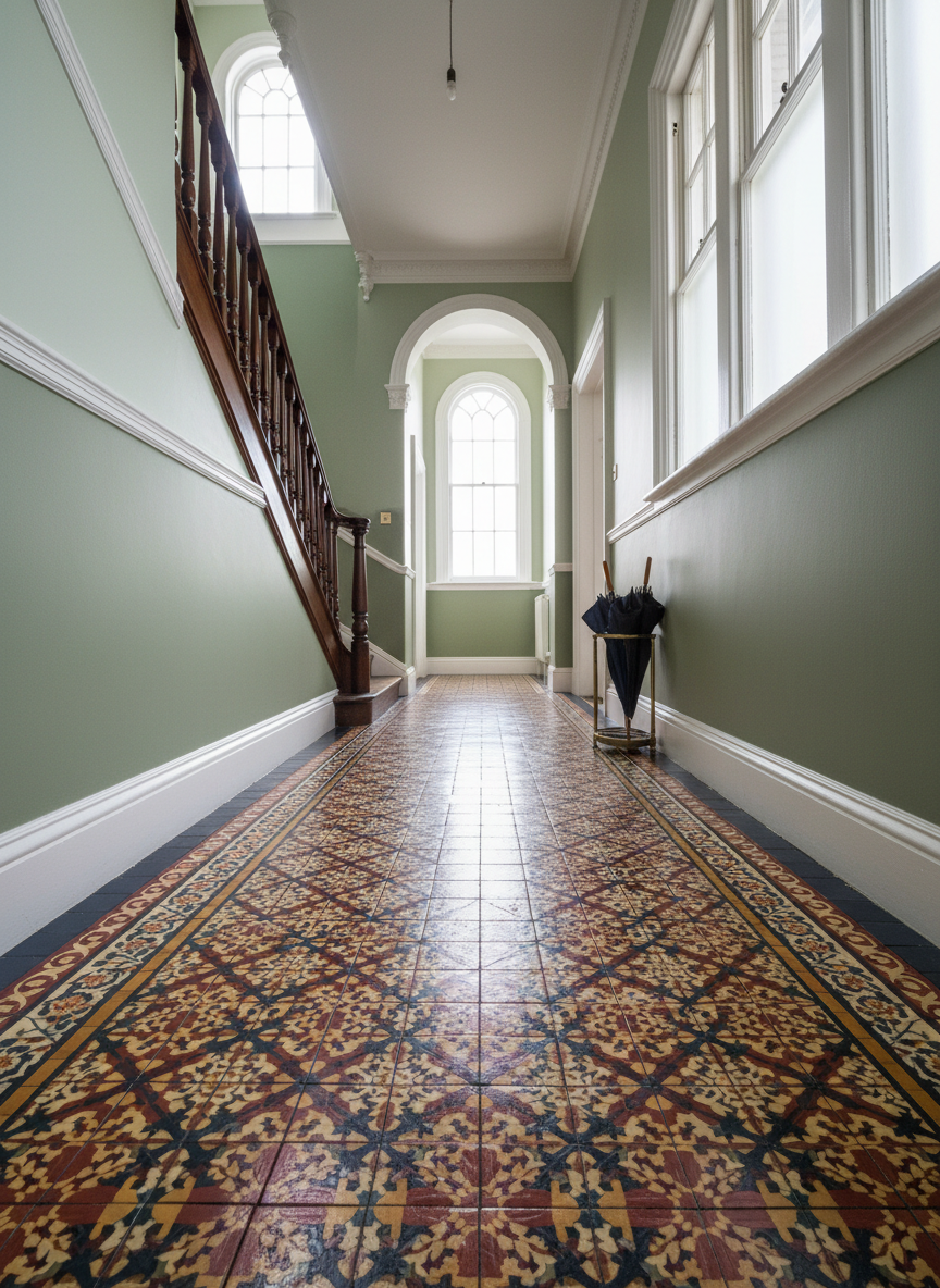 Professional high-resolution photo of a fully restored Victorian tiled hallway in Dublin, showing intricate encaustic tiles and border tiles, freshly cleaned and sealed, bright natural light, photographed at an angle that fits a tall portrait image, suitable as a hero image for a floor restoration company.