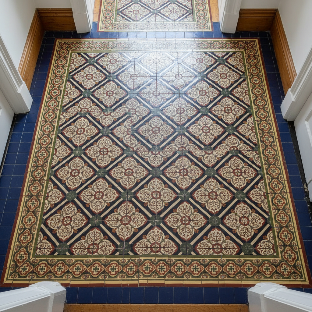 High-quality professional photo of a fully restored Victorian hallway floor in Dublin with intricate encaustic tiles and border tiles, freshly cleaned and sealed, photographed from above so it works well in a square crop, soft natural light, no people, suitable for a premium heritage floor restoration website.