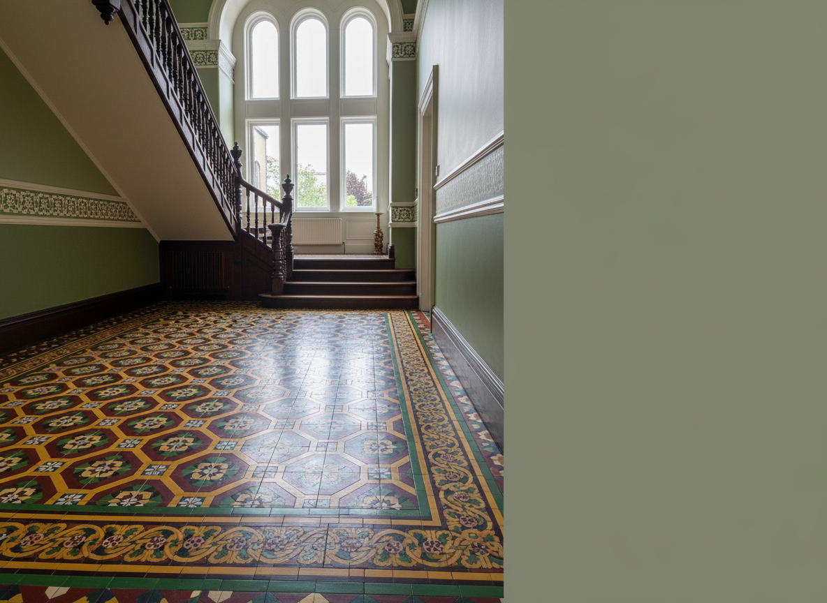Intricate Victorian mosaic encaustic floor with geometric border tiles, beautifully restored, square crop
