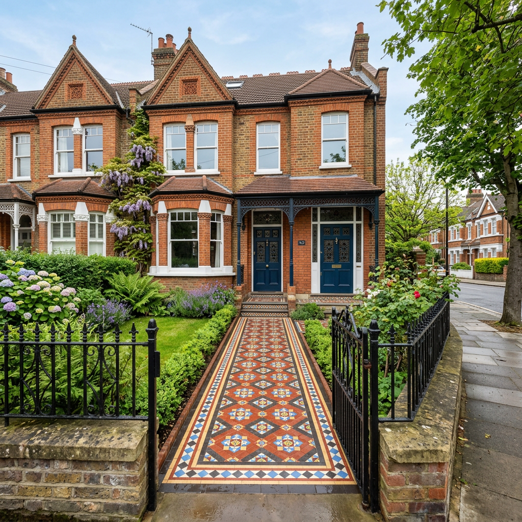 Victorian terraced house with blue doors, patterned tiled pathway, and flowering gardens