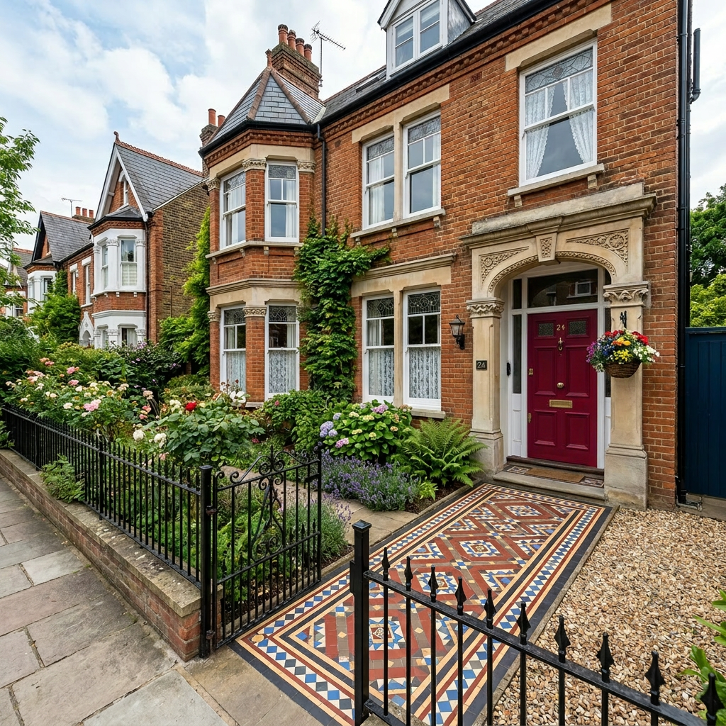 Victorian-style brick house with blue front door, decorative tile path, and lush garden