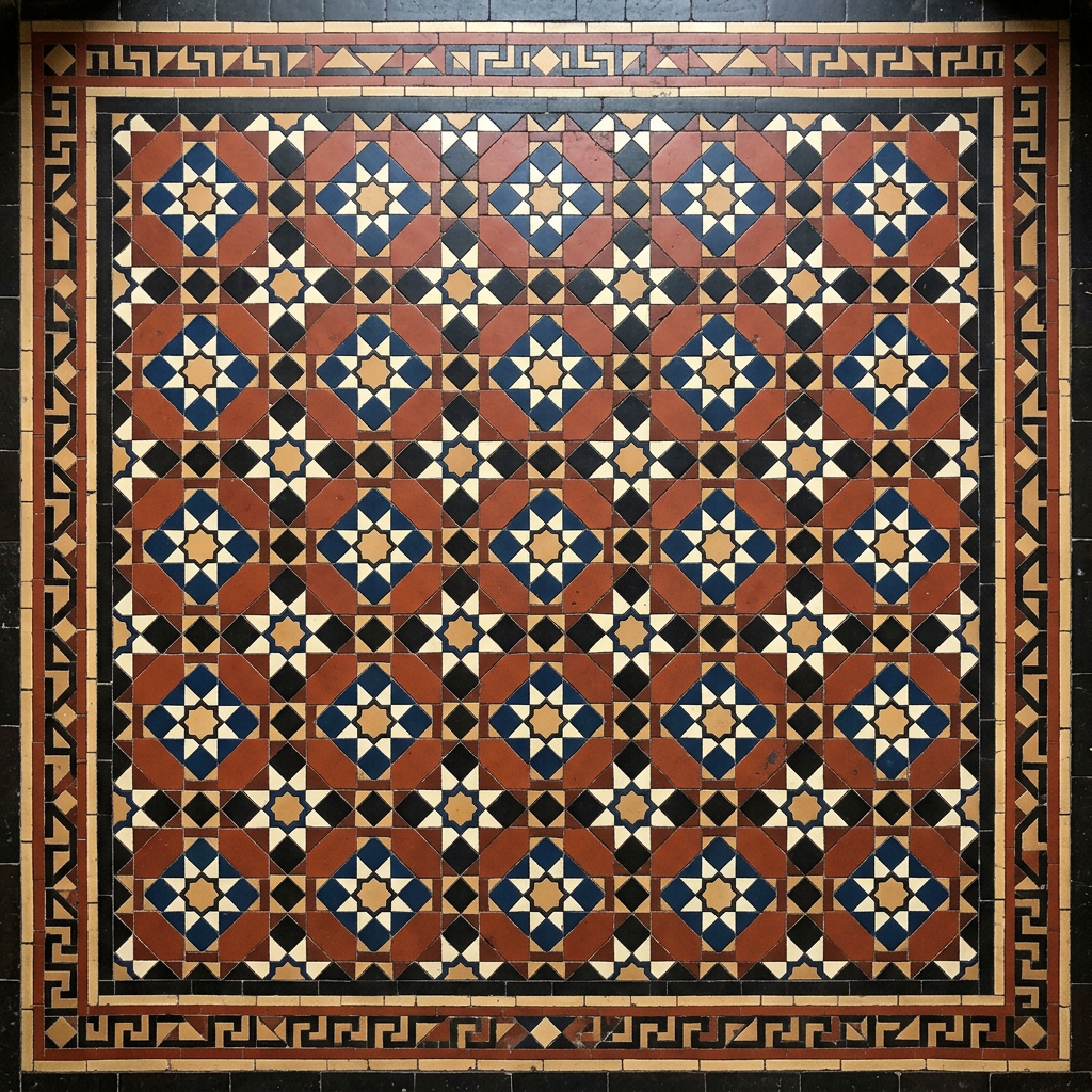 Square ceramic tile floor with repeating geometric patterns in blue, brown, cream, and black