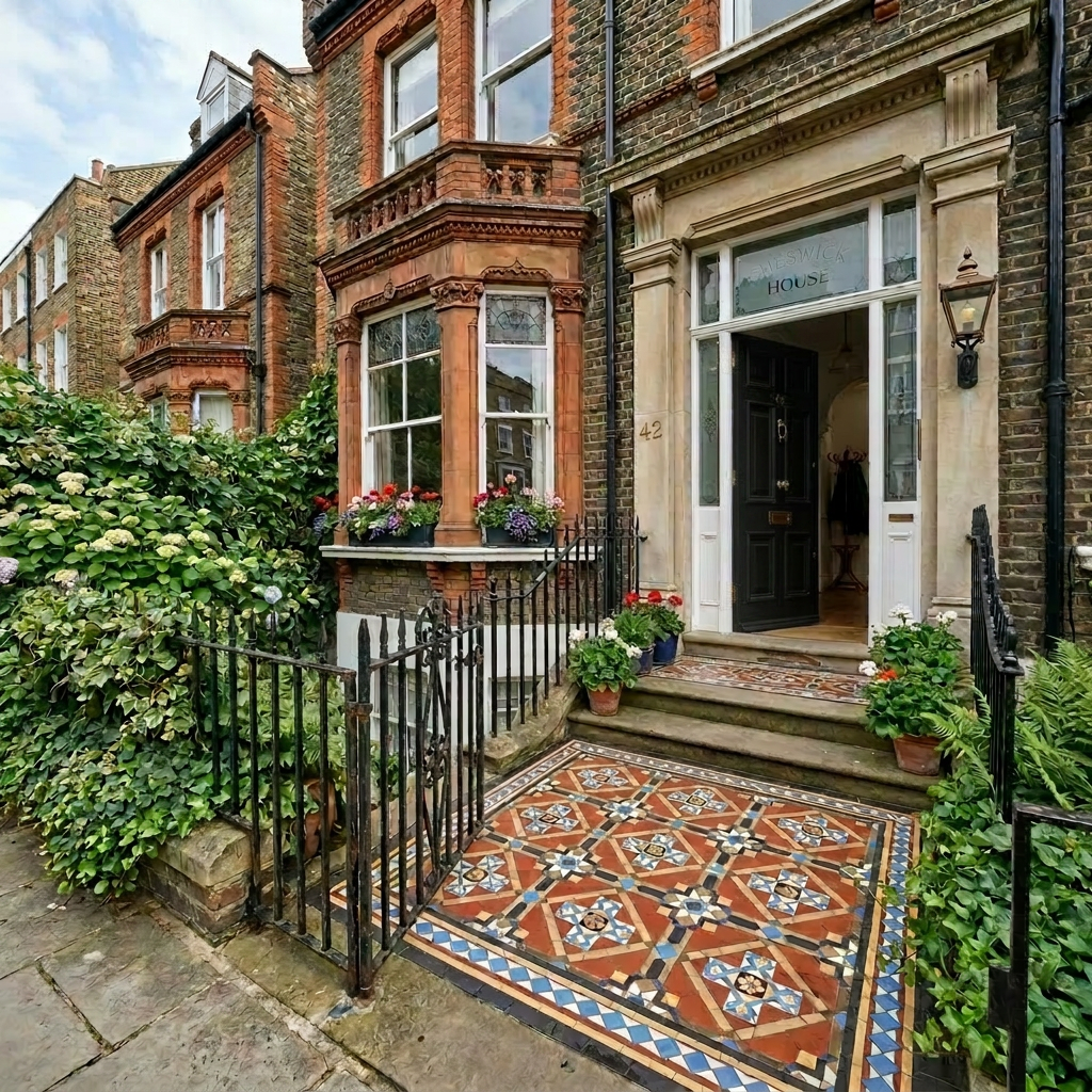 Entrance of a Victorian terrace house with decorative tiled floor, blue door, and flowerpots