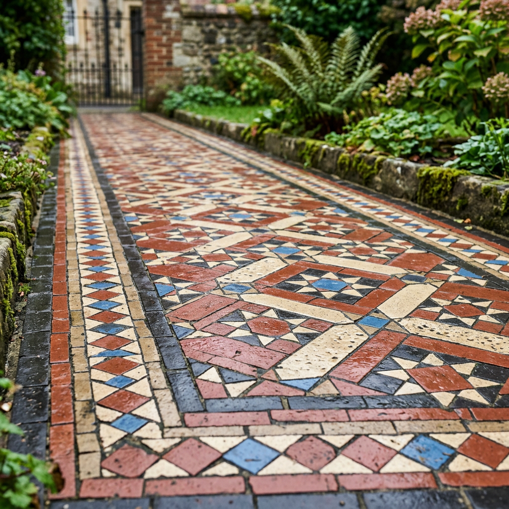 Garden pathway with red, blue, black, and cream geometric mosaic tiles bordered by stone edges and green plants