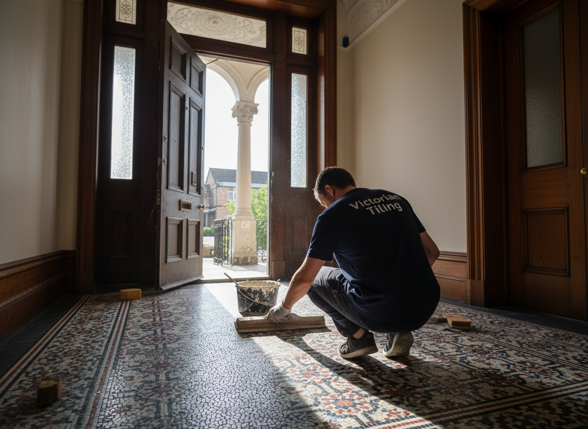 Victorian Tiling Dublin tradesperson grouting a mosaic entrance floor, photographed from the side with face not visible