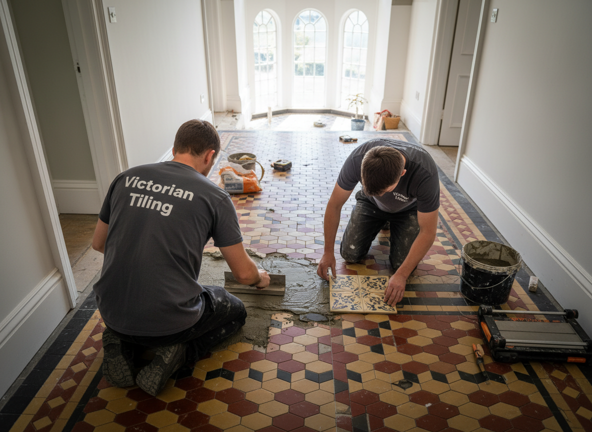 Two Victorian Tiling Dublin workers restoring a geometric hallway floor, shot from above so faces are not visible