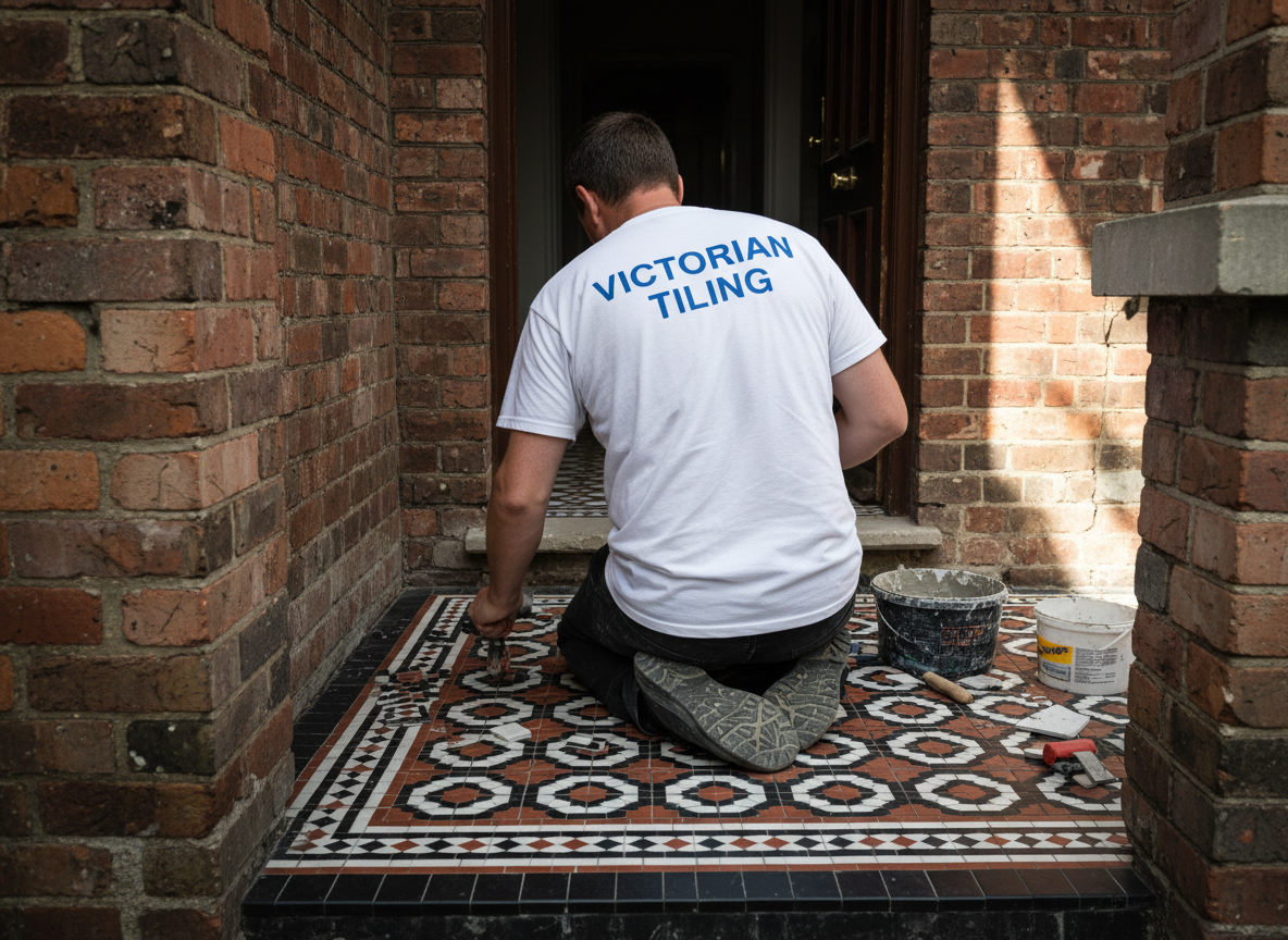 Victorian Tiling Dublin tradesperson setting mosaic porch tiles with a rubber mallet, photographed from behind