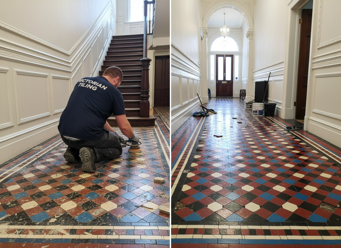 Victorian Tiling Dublin worker beside a before-and-after Victorian hallway floor showing worn original tiles and fully restored tiles side by side