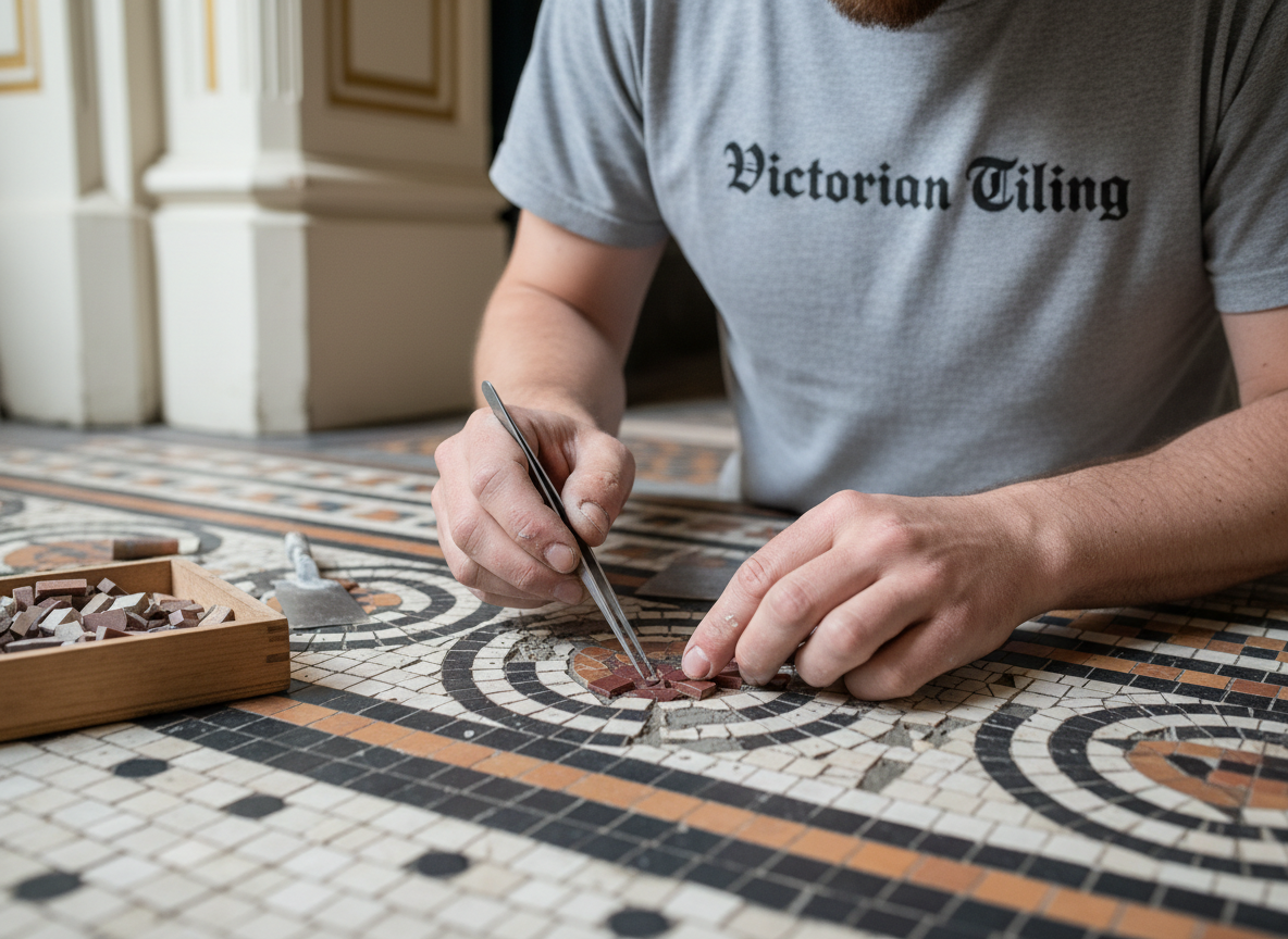 Close-up of Victorian Tiling Dublin tradesperson's hands carefully re-bedding individual tesserae in a Victorian mosaic border pattern