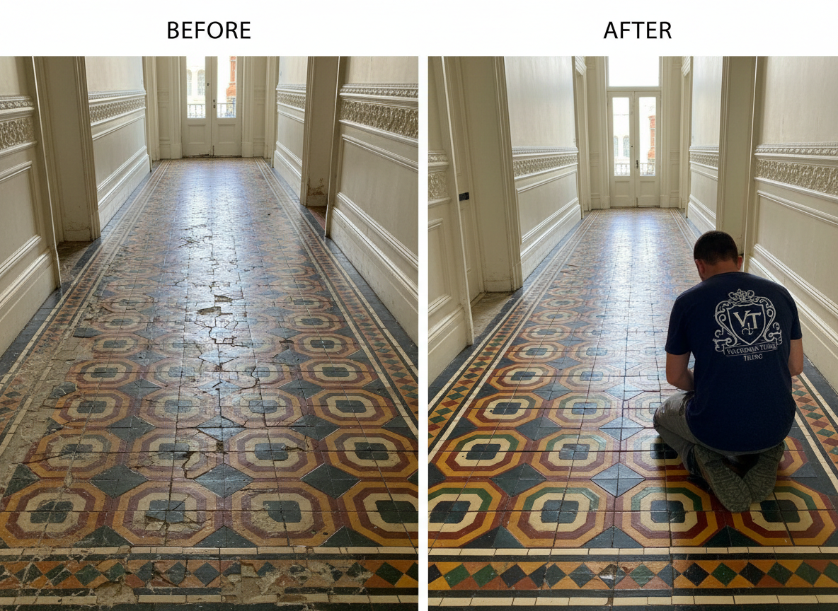 Landscape split-screen before-and-after photo of the same Victorian hallway floor in Dublin. LEFT: dull, worn, cracked encaustic tiles before restoration. RIGHT: fully restored, deep-cleaned and regrouted Victorian pattern with rich colours. On the AFTER side a tradesperson kneels working on the floor, photographed from behind so no face is visible, wearing a dark navy T-shirt with the same Victorian Tiling logo graphic used on this website (a crest-style emblem, not plain text). Realistic lighting, professional photography style.